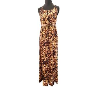 2b bebe Maxi Dress Womens XL Brown Snakeskin Halter Empire Waist Metallic Band